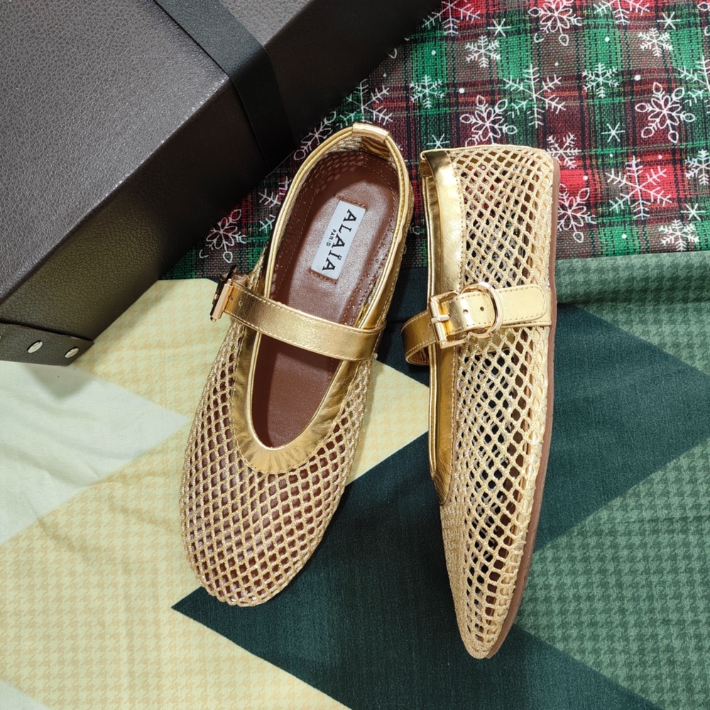 Alaia Metallic Gold Mesh Mary Jane Flats